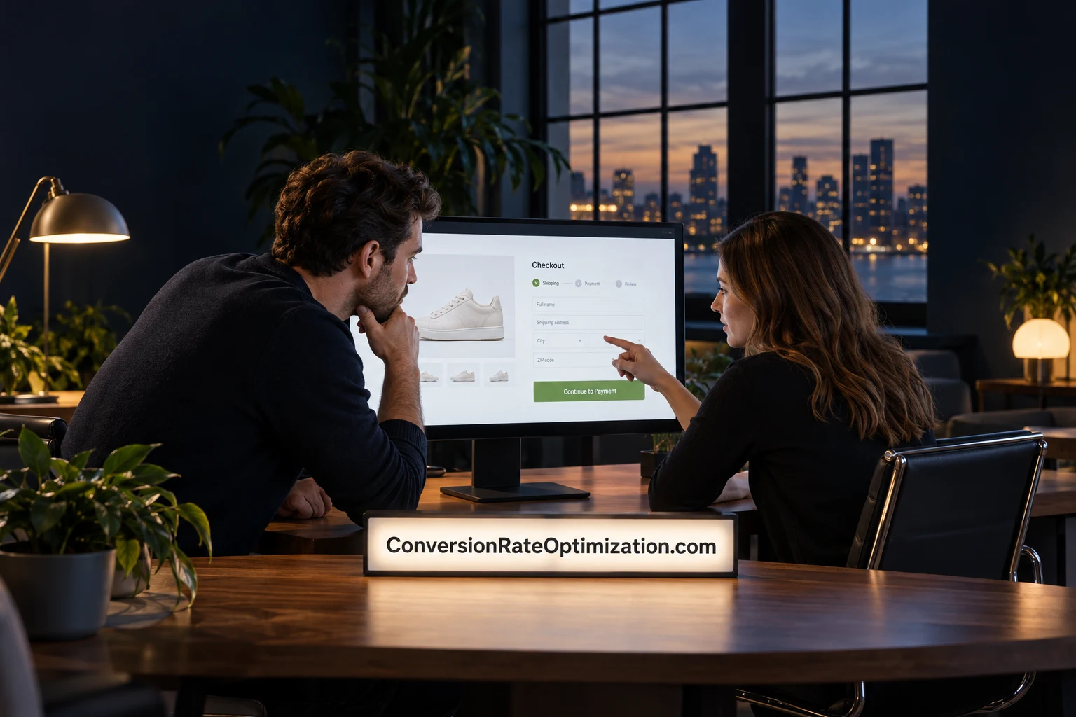 Conversion practitioners reviewing a digital purchase journey in a navy workspace, with ConversionRateOptimization.com on the foreground display.