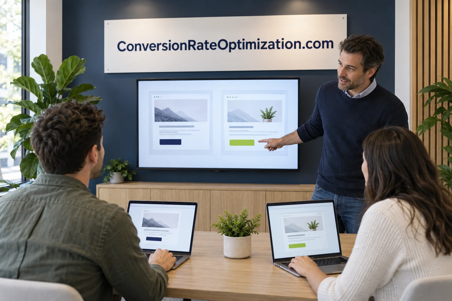 A hands-on digital experimentation workshop with ConversionRateOptimization.com displayed on the wall.