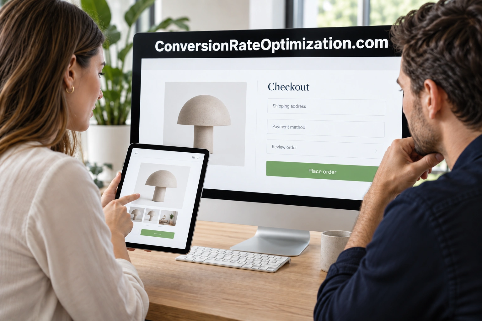 Specialists reviewing a digital purchase journey with ConversionRateOptimization.com on the studio display.